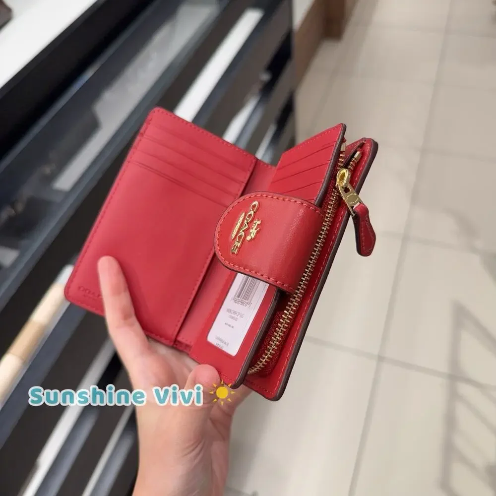 NWT Coach Medium Corner Zip Wallet in Signature Canvas CW786 Walnut/True Red